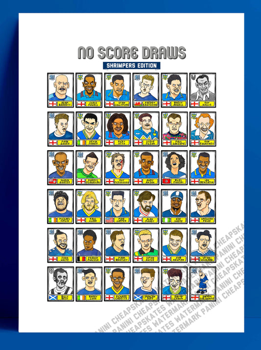 Southend United - No Score Draws Shrimpers Edition - A3 print of 36 hand-drawn Wonky Panini-sticker-style SUFC Icons - Wonky Football Art