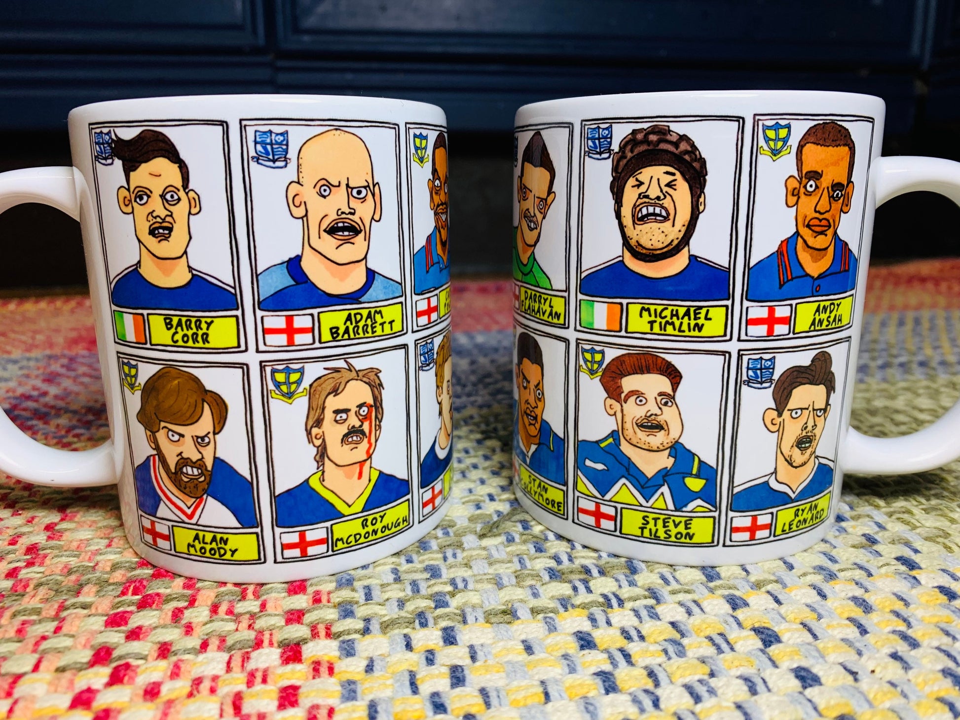 Southend United No Score Draws Mug Set - Set of TWO 11oz Ceramic Mugs with Wonky Panini sticker-style doodles of 24 Shrimpers Football Icons