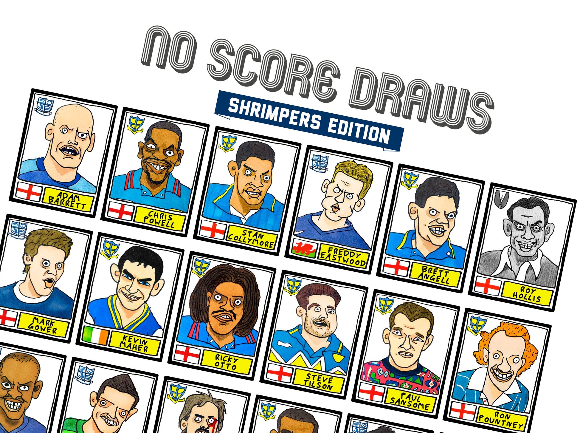 Southend United - No Score Draws Shrimpers Edition - A3 print of 36 hand-drawn Wonky Panini-sticker-style SUFC Icons - Wonky Football Art