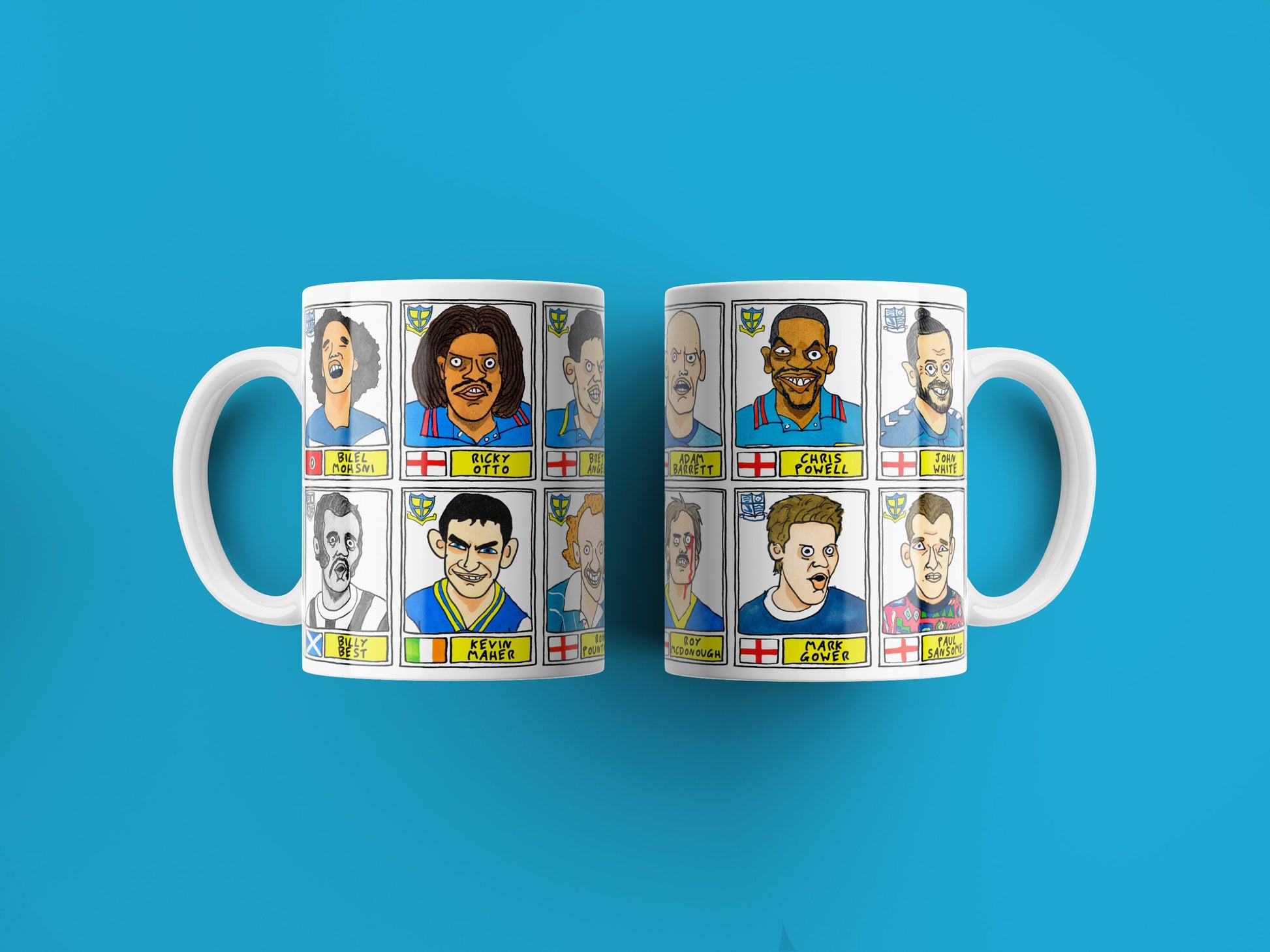 Southend United No Score Draws Mug Set - Set of TWO 11oz Ceramic Mugs with Wonky Panini sticker-style doodles of 24 Shrimpers Football Icons