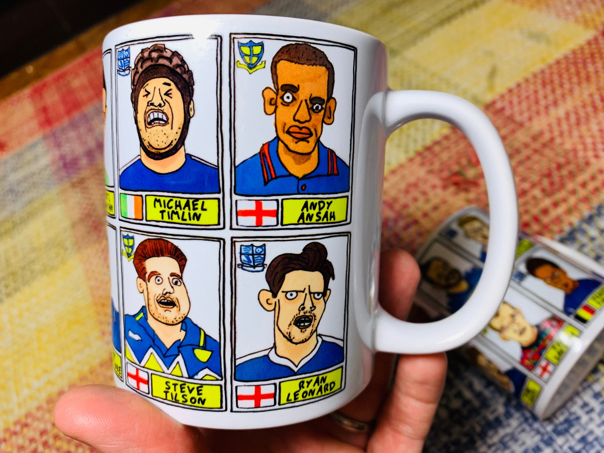 Southend United No Score Draws Mug Set - Set of TWO 11oz Ceramic Mugs with Wonky Panini sticker-style doodles of 24 Shrimpers Football Icons