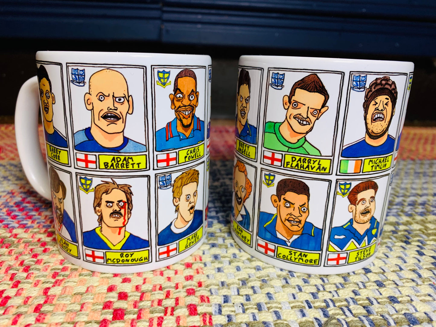 Southend United No Score Draws Mug Set - Set of TWO 11oz Ceramic Mugs with Wonky Panini sticker-style doodles of 24 Shrimpers Football Icons