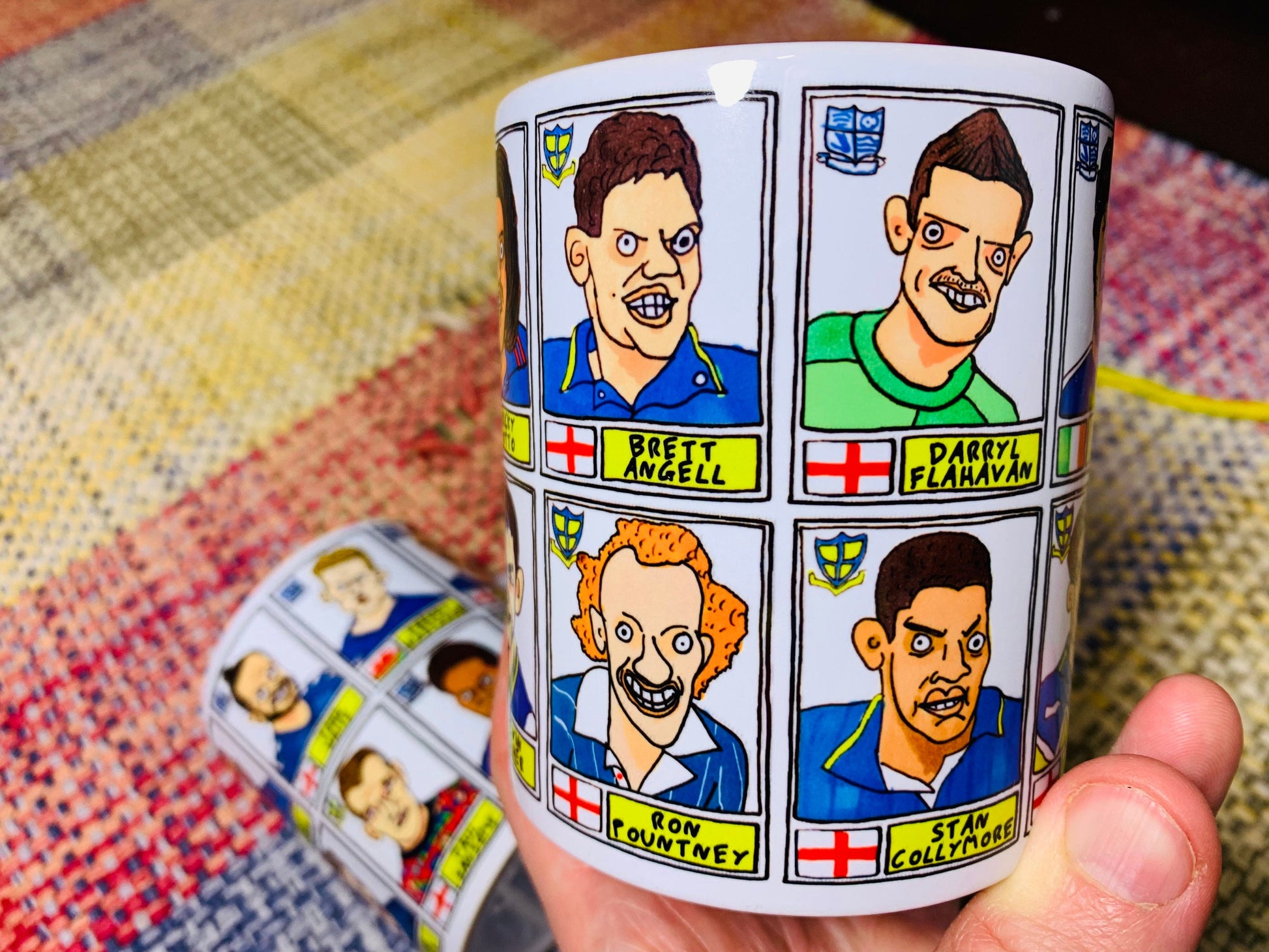 Southend United No Score Draws Mug Set - Set of TWO 11oz Ceramic Mugs with Wonky Panini sticker-style doodles of 24 Shrimpers Football Icons