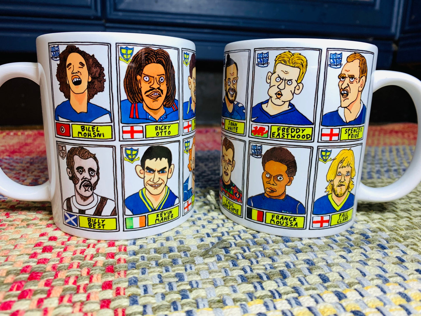 Southend United No Score Draws Mug Set - Set of TWO 11oz Ceramic Mugs with Wonky Panini sticker-style doodles of 24 Shrimpers Football Icons