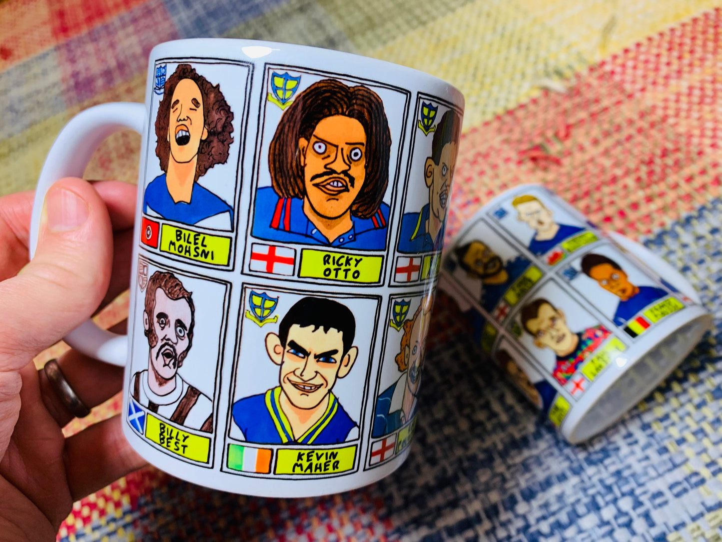 Southend United No Score Draws Mug Set - Set of TWO 11oz Ceramic Mugs with Wonky Panini sticker-style doodles of 24 Shrimpers Football Icons