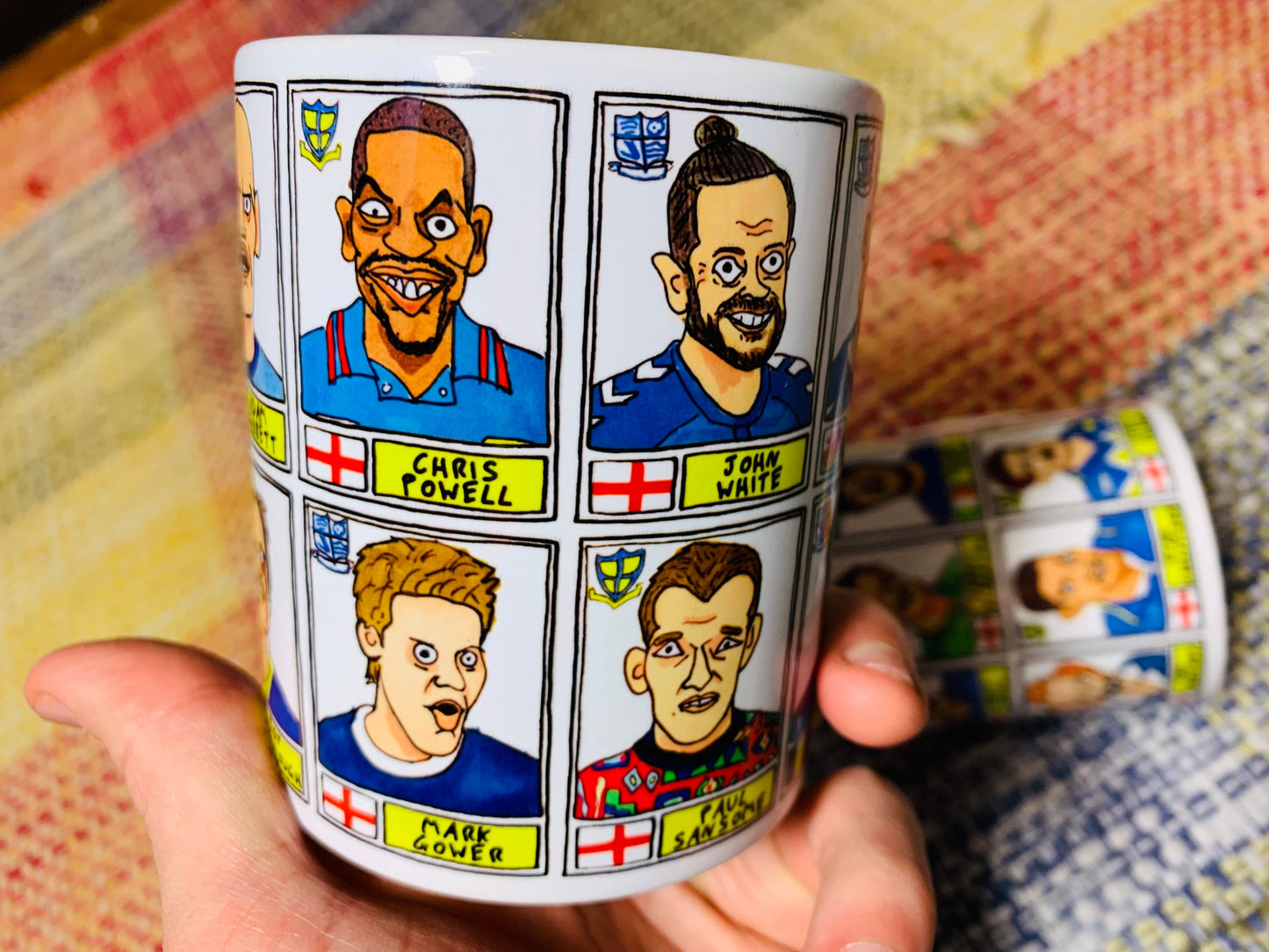 Southend United No Score Draws Mug Set - Set of TWO 11oz Ceramic Mugs with Wonky Panini sticker-style doodles of 24 Shrimpers Football Icons