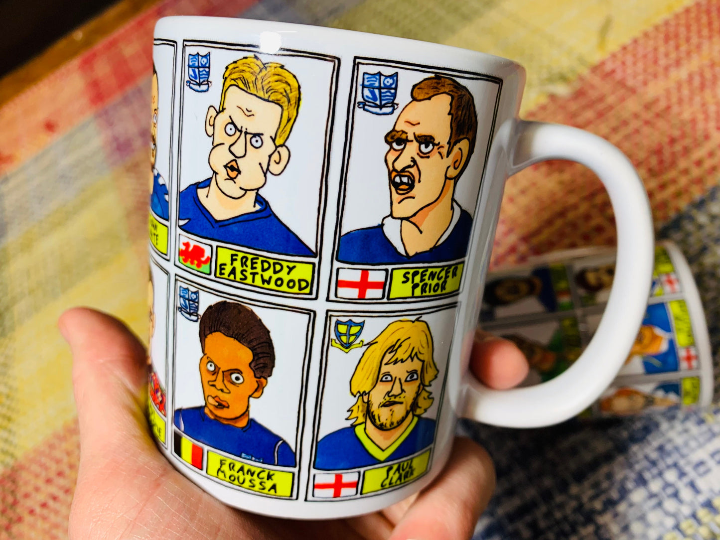 Southend United No Score Draws Mug Set - Set of TWO 11oz Ceramic Mugs with Wonky Panini sticker-style doodles of 24 Shrimpers Football Icons