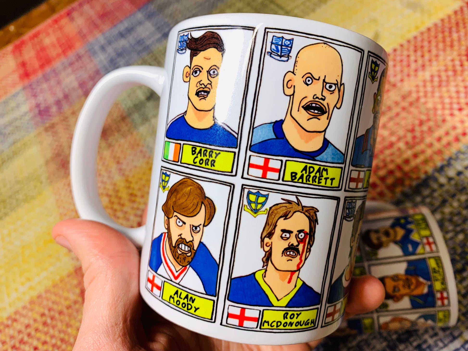 Southend United No Score Draws Mug Set - Set of TWO 11oz Ceramic Mugs with Wonky Panini sticker-style doodles of 24 Shrimpers Football Icons