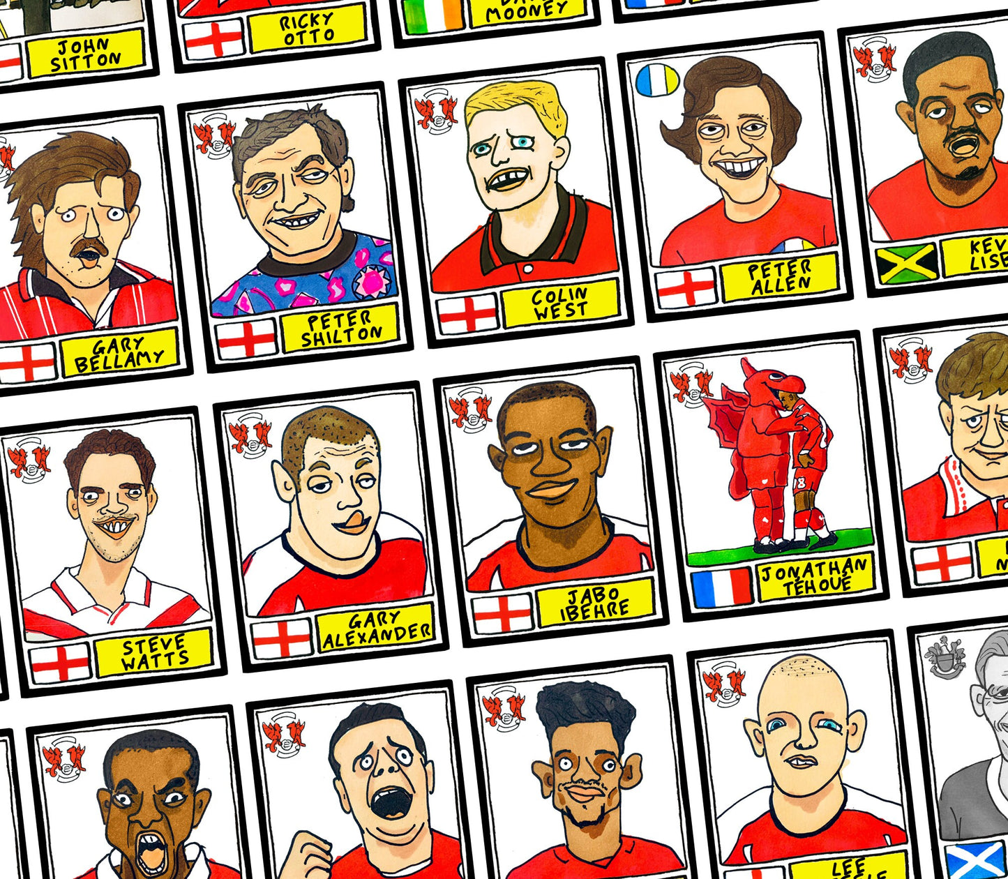 Leyton Orient - No Score Draws Brisbane Road Edition - A3 print of 36 hand-drawn Wonky Panini-sticker-style LOFC Icons - Wonky Football Art