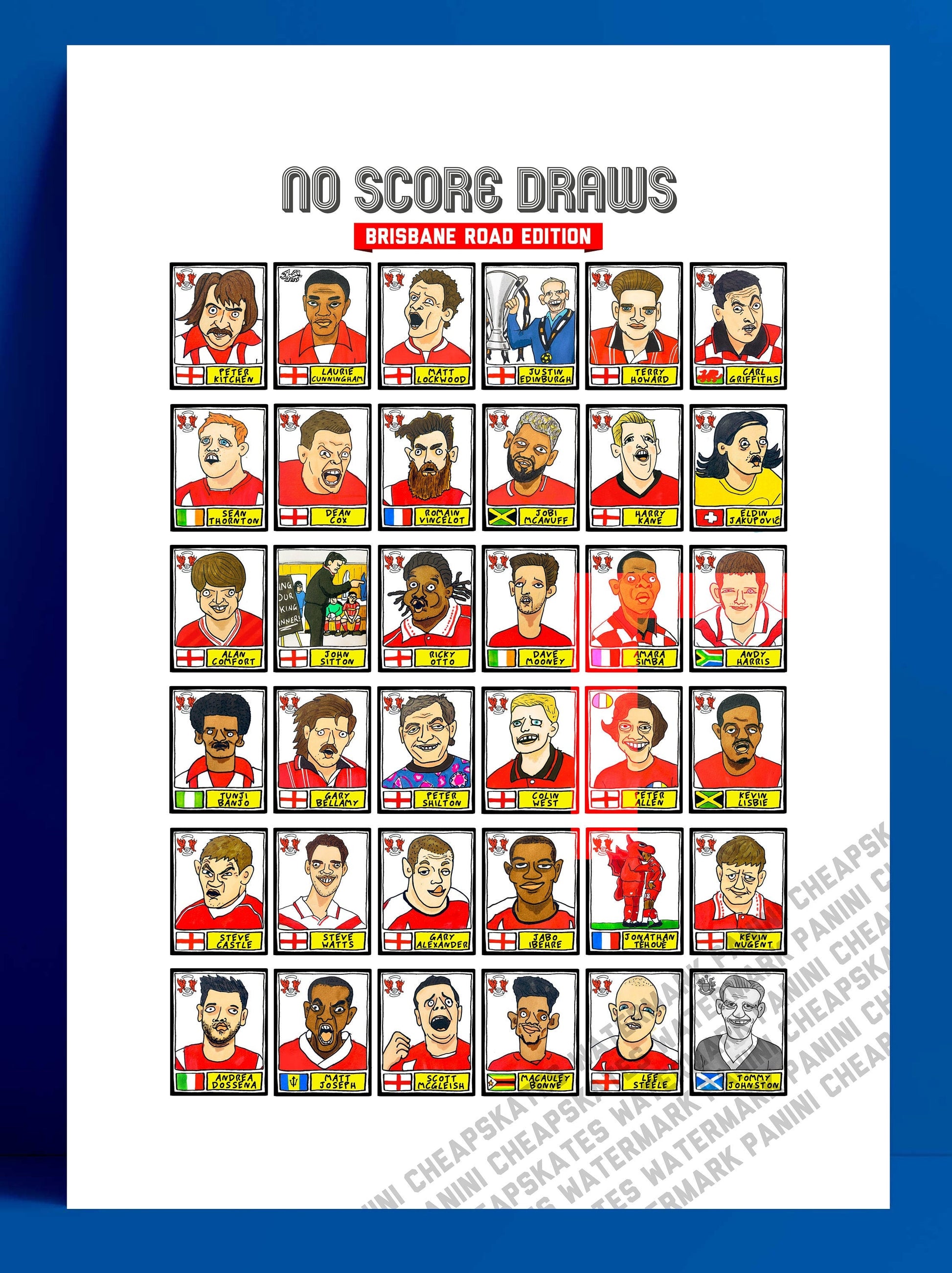 Leyton Orient - No Score Draws Brisbane Road Edition - A3 print of 36 hand-drawn Wonky Panini-sticker-style LOFC Icons - Wonky Football Art