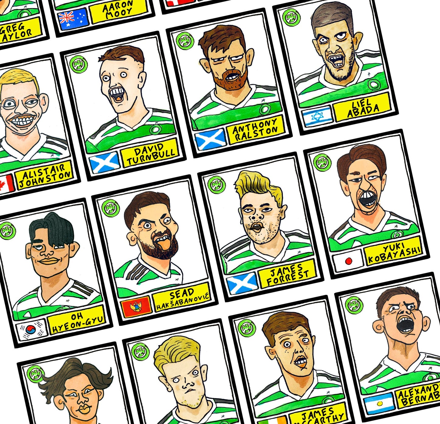 Celtic Volume 2 - No Score Draws Ange Edition UPDATED FOR 2023 - A3 print of 24 hand-drawn Panini-style doodles of Celtic's 22-23 Squad