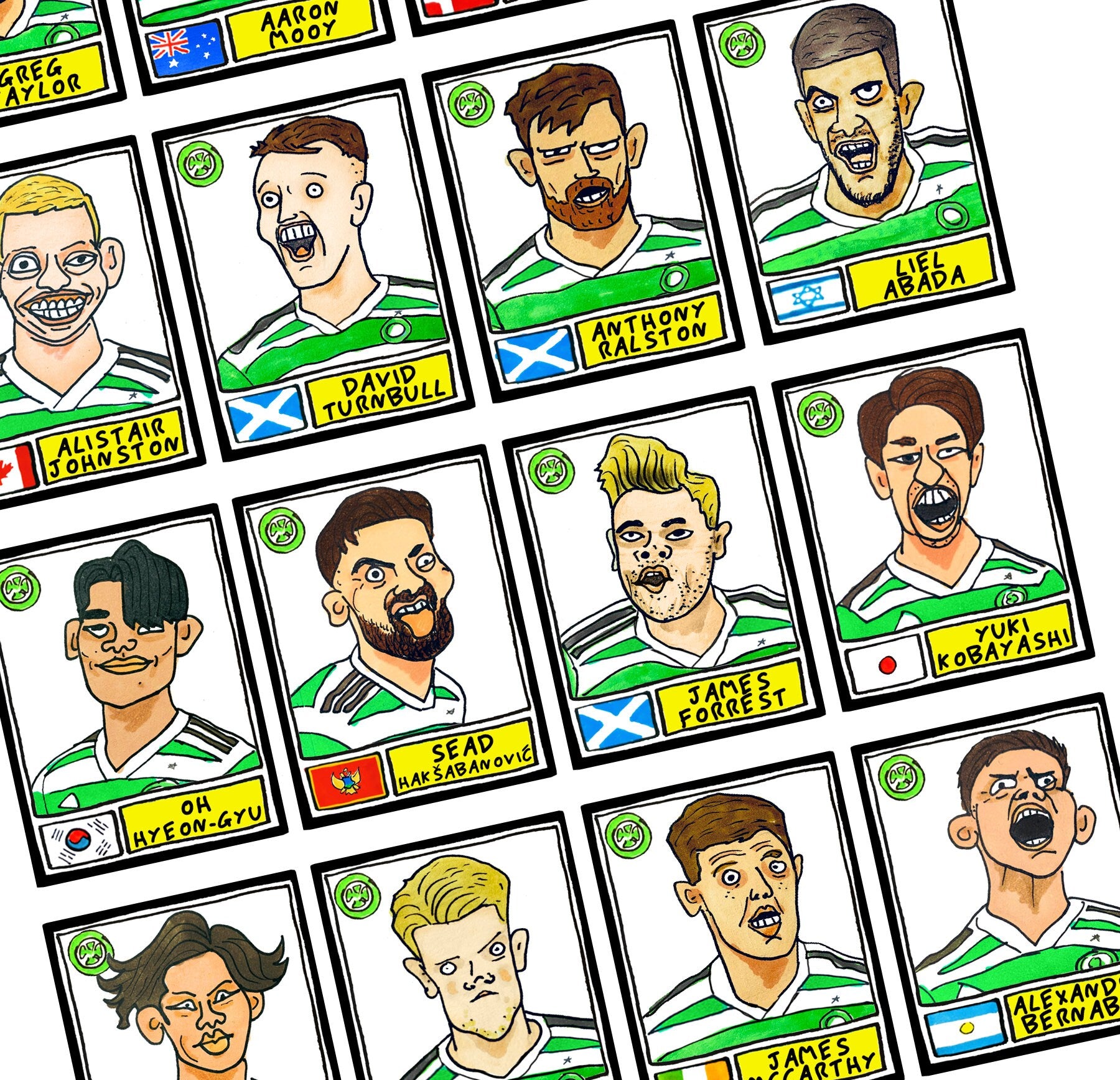 Celtic Volume 2 - No Score Draws Ange Edition UPDATED FOR 2023 - A3 print of 24 hand-drawn Panini-style doodles of Celtic's 22-23 Squad
