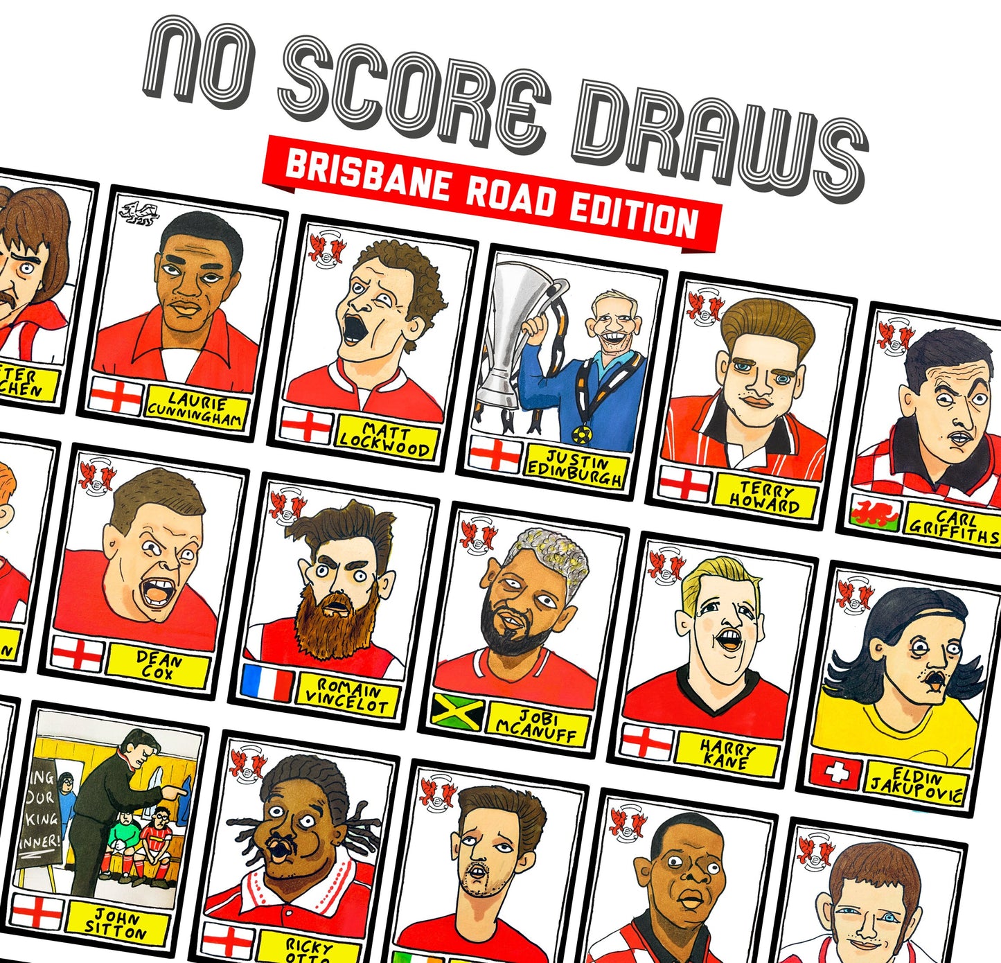 Leyton Orient - No Score Draws Brisbane Road Edition - A3 print of 36 hand-drawn Wonky Panini-sticker-style LOFC Icons - Wonky Football Art