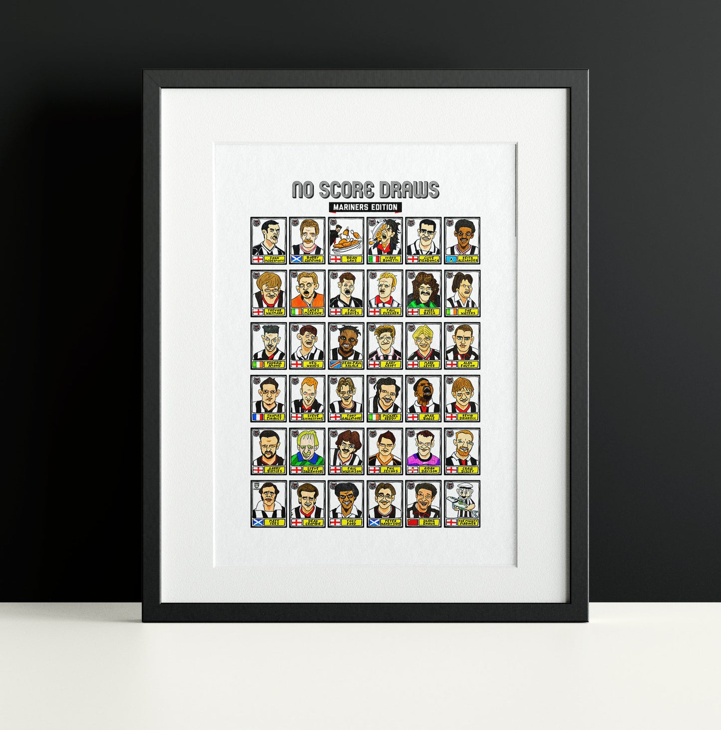 Grimsby Town - No Score Draws Mariners Edition - A3 print of 36 hand-drawn Wonky Panini-sticker-style GTFC Icons - Wonky Football Art