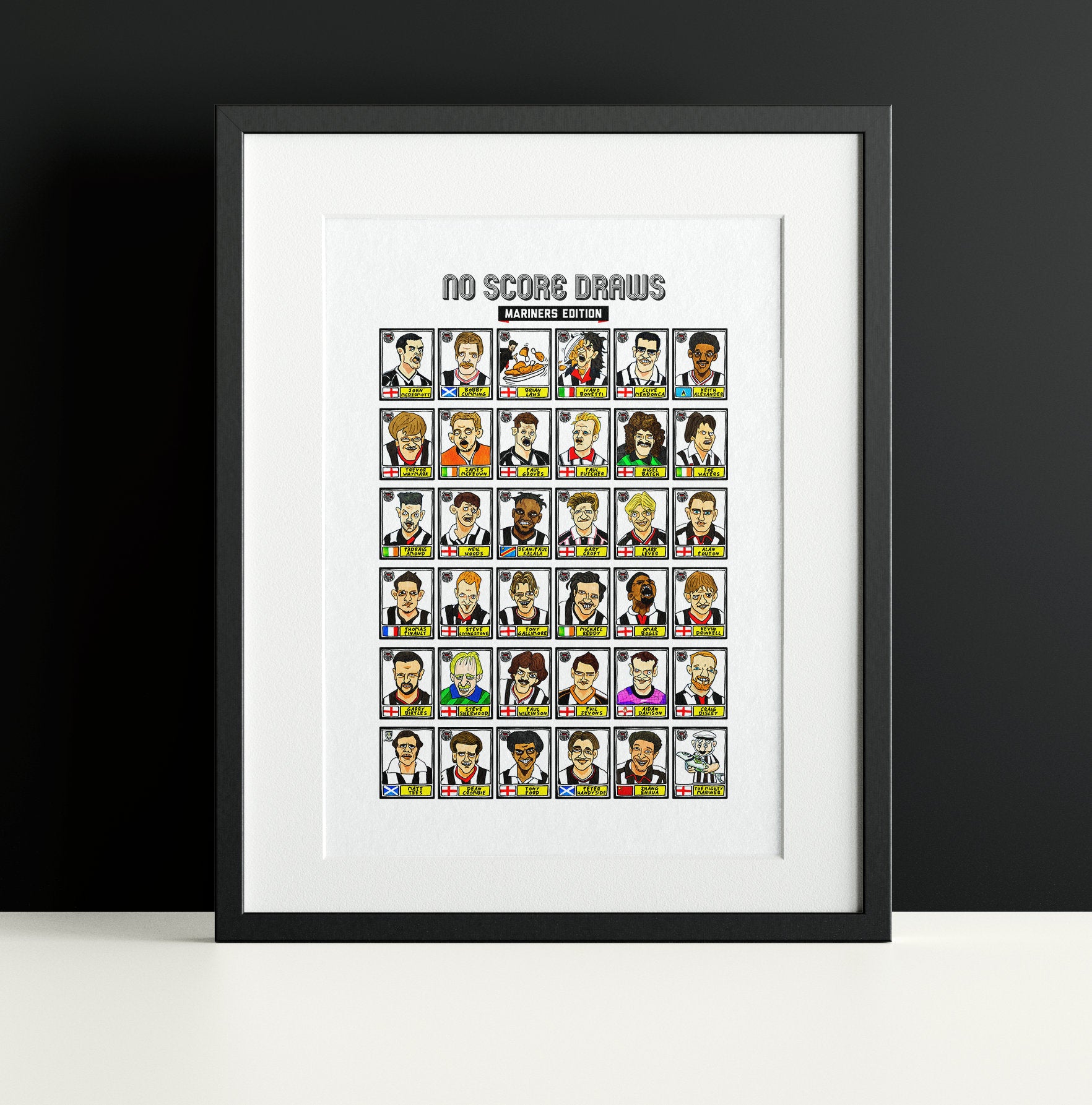 Grimsby Town - No Score Draws Mariners Edition - A3 print of 36 hand-drawn Wonky Panini-sticker-style GTFC Icons - Wonky Football Art