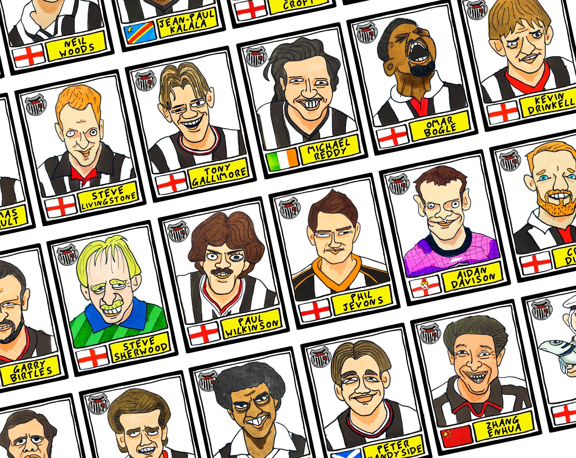 Grimsby Town - No Score Draws Mariners Edition - A3 print of 36 hand-drawn Wonky Panini-sticker-style GTFC Icons - Wonky Football Art