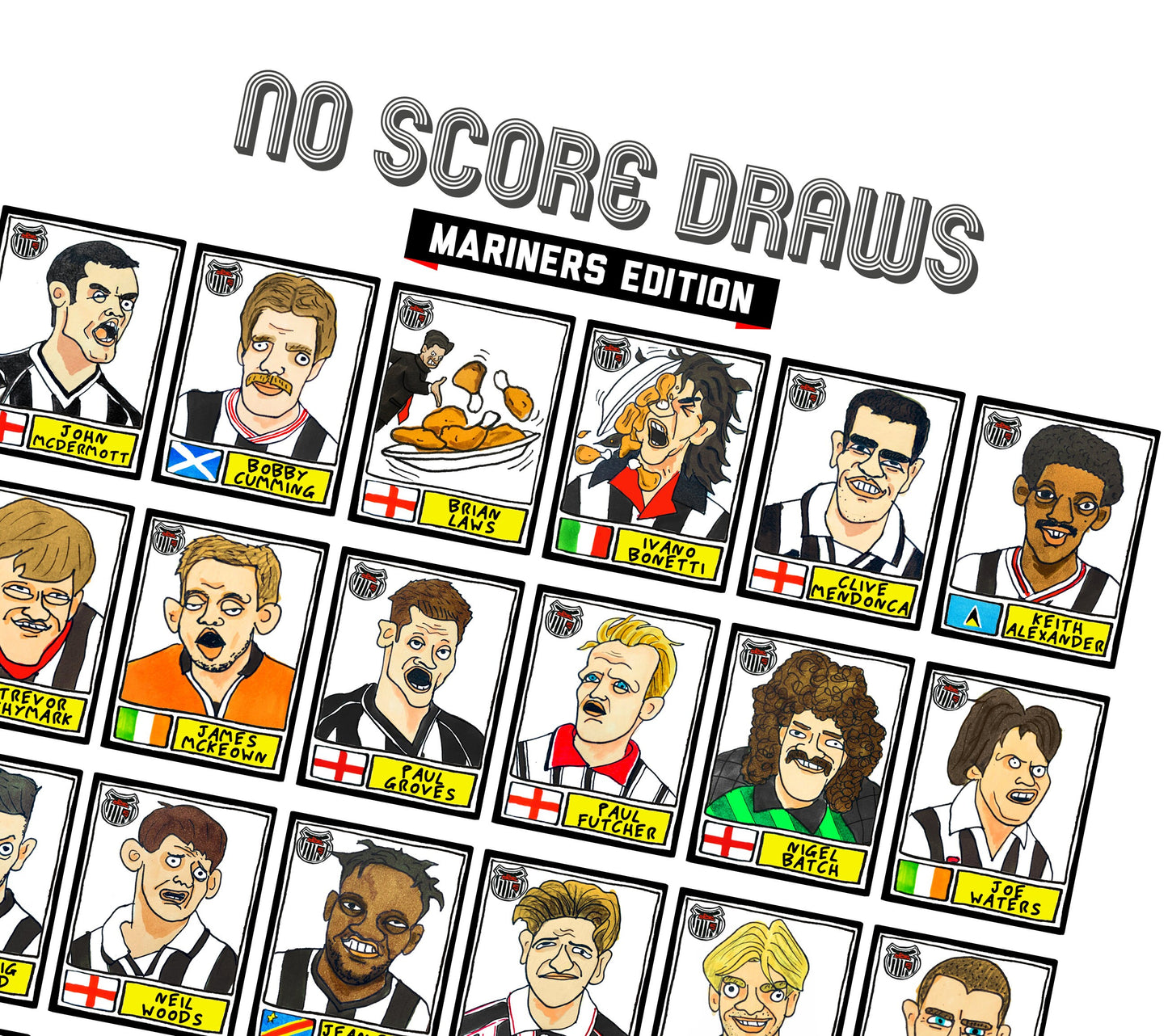 Grimsby Town - No Score Draws Mariners Edition - A3 print of 36 hand-drawn Wonky Panini-sticker-style GTFC Icons - Wonky Football Art