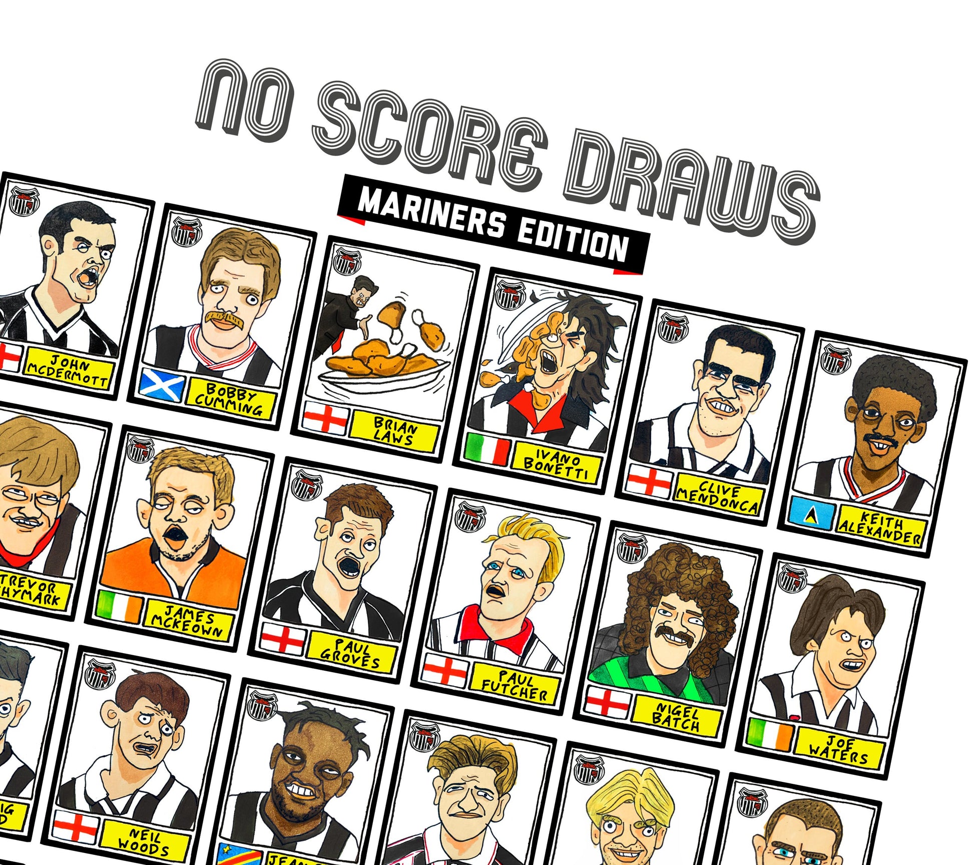Grimsby Town - No Score Draws Mariners Edition - A3 print of 36 hand-drawn Wonky Panini-sticker-style GTFC Icons - Wonky Football Art