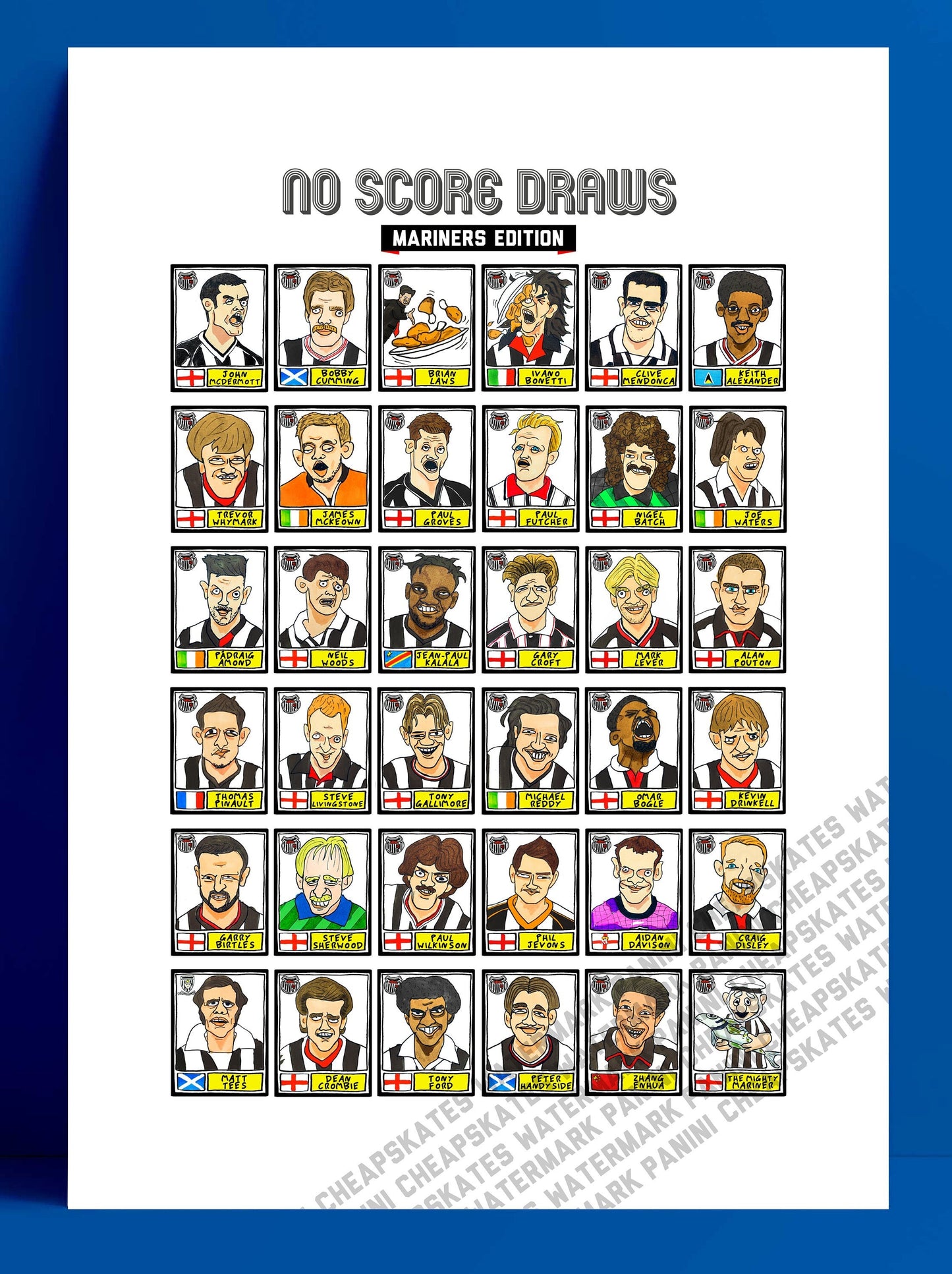 Grimsby Town - No Score Draws Mariners Edition - A3 print of 36 hand-drawn Wonky Panini-sticker-style GTFC Icons - Wonky Football Art