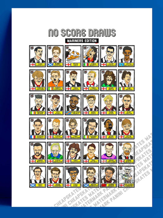 Grimsby Town - No Score Draws Mariners Edition - A3 print of 36 hand-drawn Wonky Panini-sticker-style GTFC Icons - Wonky Football Art