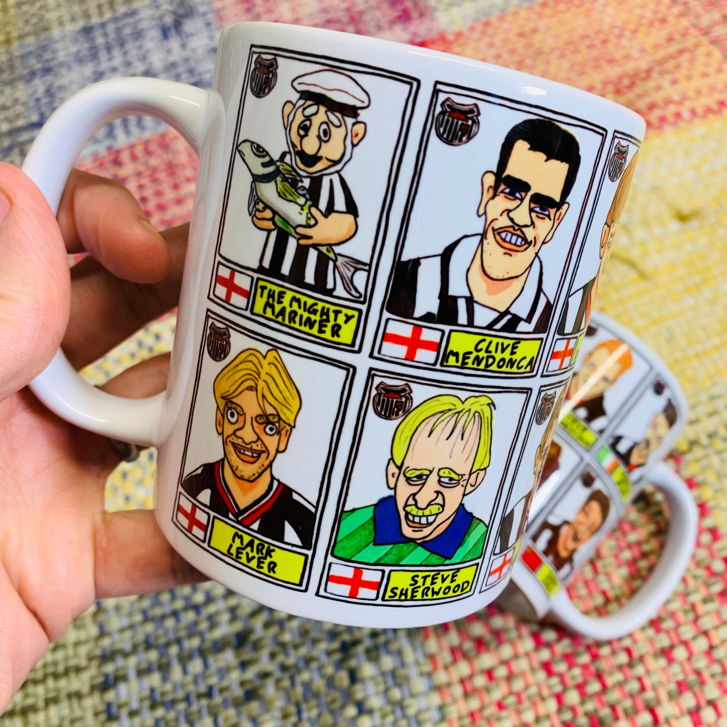 Grimsby Town No Score Draws Mug Set - Set of TWO 11oz Ceramic Mugs with Wonky Panini sticker-style doodles of 24 GTFC Mariners Football Icon