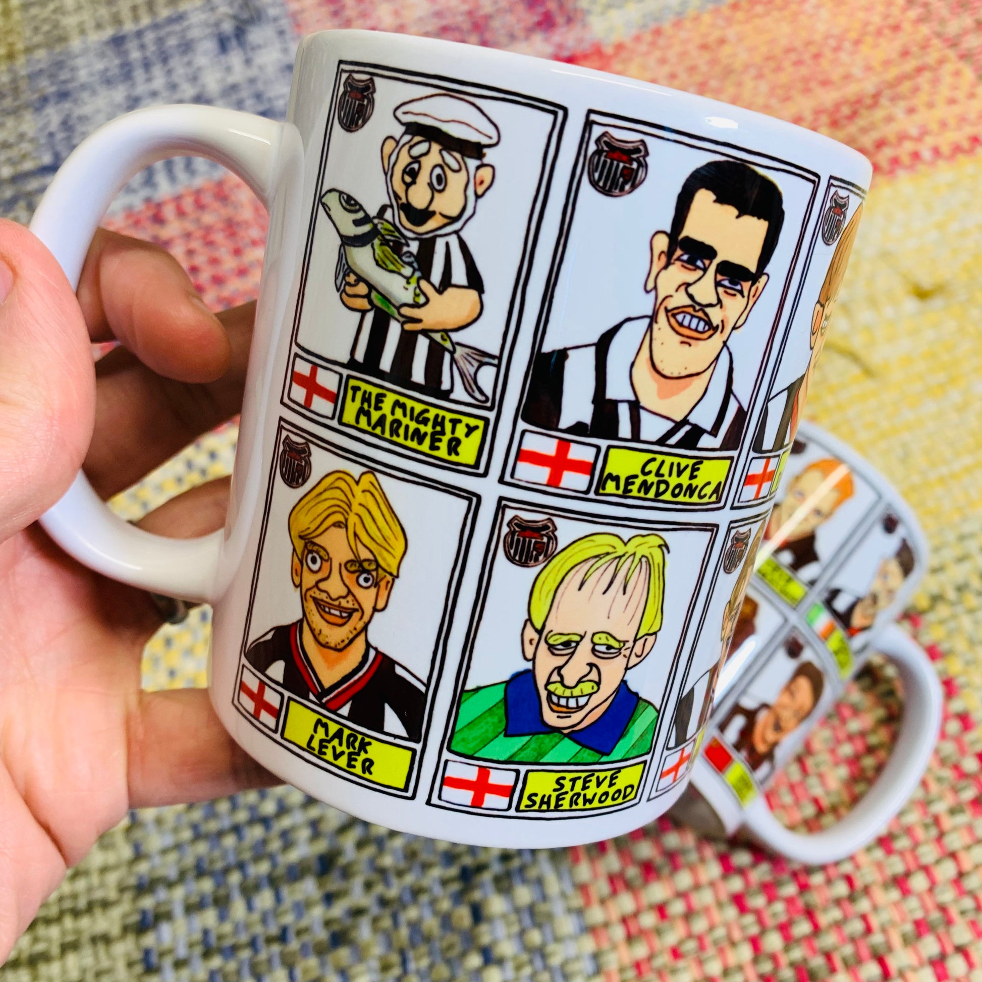 Grimsby Town No Score Draws Mug Set - Set of TWO 11oz Ceramic Mugs with Wonky Panini sticker-style doodles of 24 GTFC Mariners Football Icon