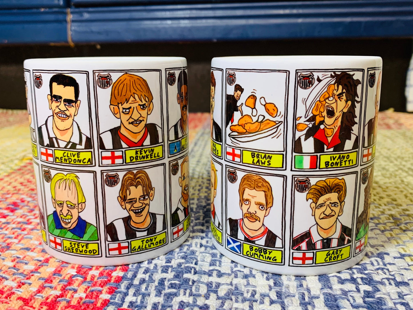 Grimsby Town No Score Draws Mug Set - Set of TWO 11oz Ceramic Mugs with Wonky Panini sticker-style doodles of 24 GTFC Mariners Football Icon