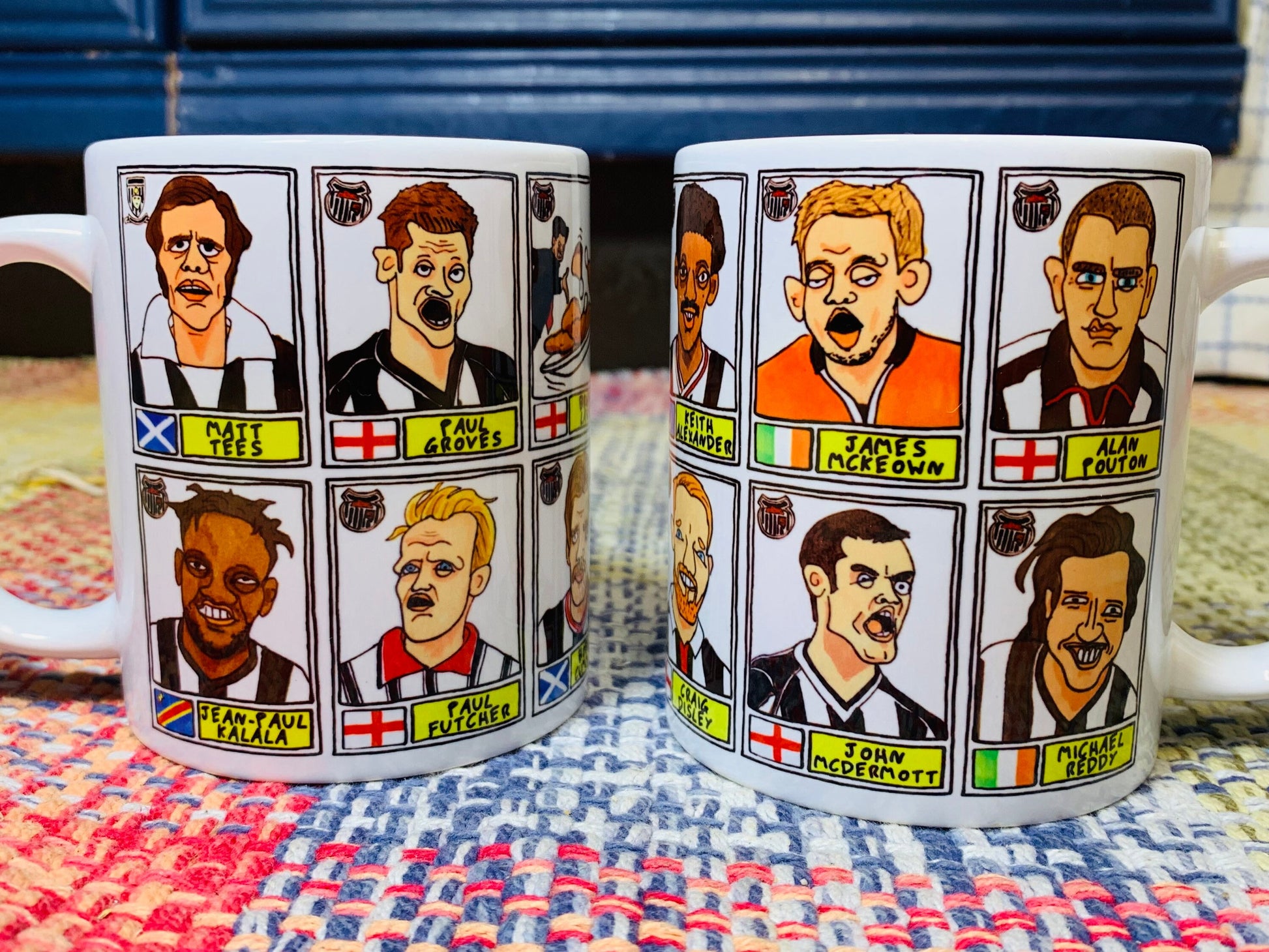 Grimsby Town No Score Draws Mug Set - Set of TWO 11oz Ceramic Mugs with Wonky Panini sticker-style doodles of 24 GTFC Mariners Football Icon