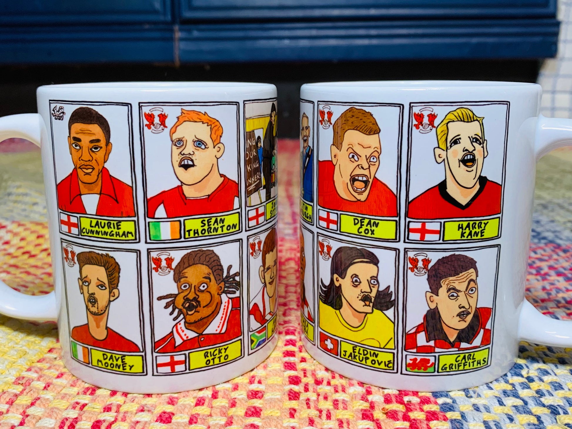 Leyton Orient No Score Draws Mug Set - Set of TWO 11oz Ceramic Mugs with Wonky Panini sticker-style doodles of 24 LOFC O's Football Icons