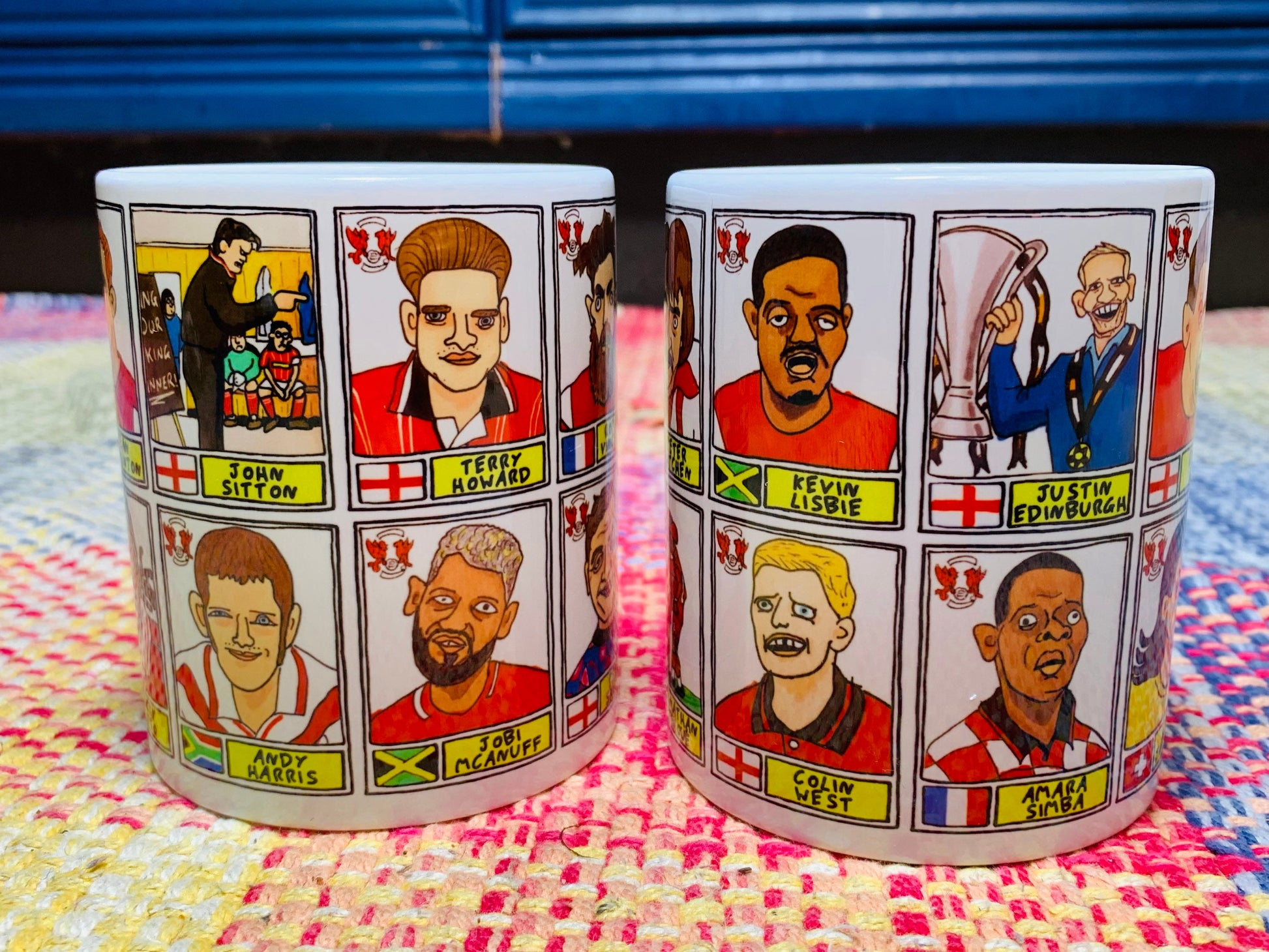 Leyton Orient No Score Draws Mug Set - Set of TWO 11oz Ceramic Mugs with Wonky Panini sticker-style doodles of 24 LOFC O's Football Icons