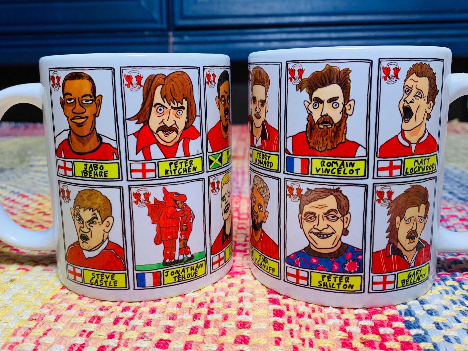 Leyton Orient No Score Draws Mug Set - Set of TWO 11oz Ceramic Mugs with Wonky Panini sticker-style doodles of 24 LOFC O's Football Icons