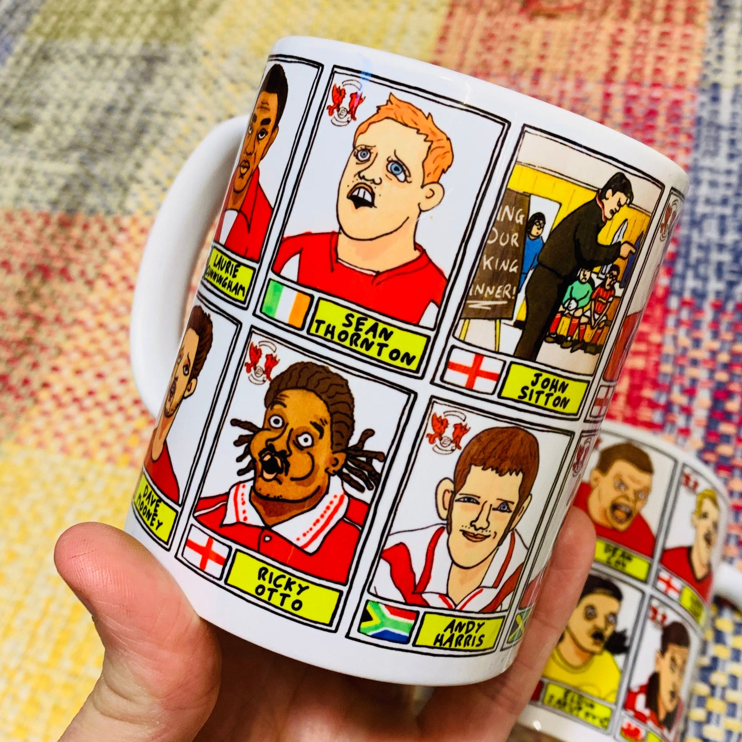 Leyton Orient No Score Draws Mug Set - Set of TWO 11oz Ceramic Mugs with Wonky Panini sticker-style doodles of 24 LOFC O's Football Icons