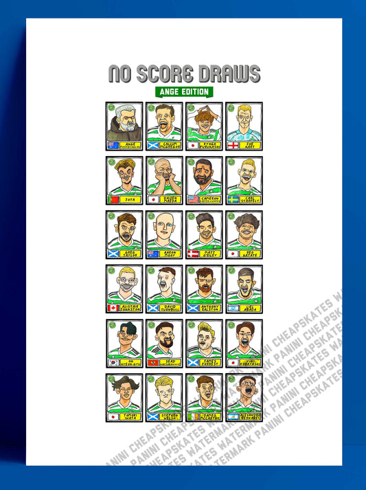 Celtic Volume 2 - No Score Draws Ange Edition UPDATED FOR 2023 - A3 print of 24 hand-drawn Panini-style doodles of Celtic's 22-23 Squad