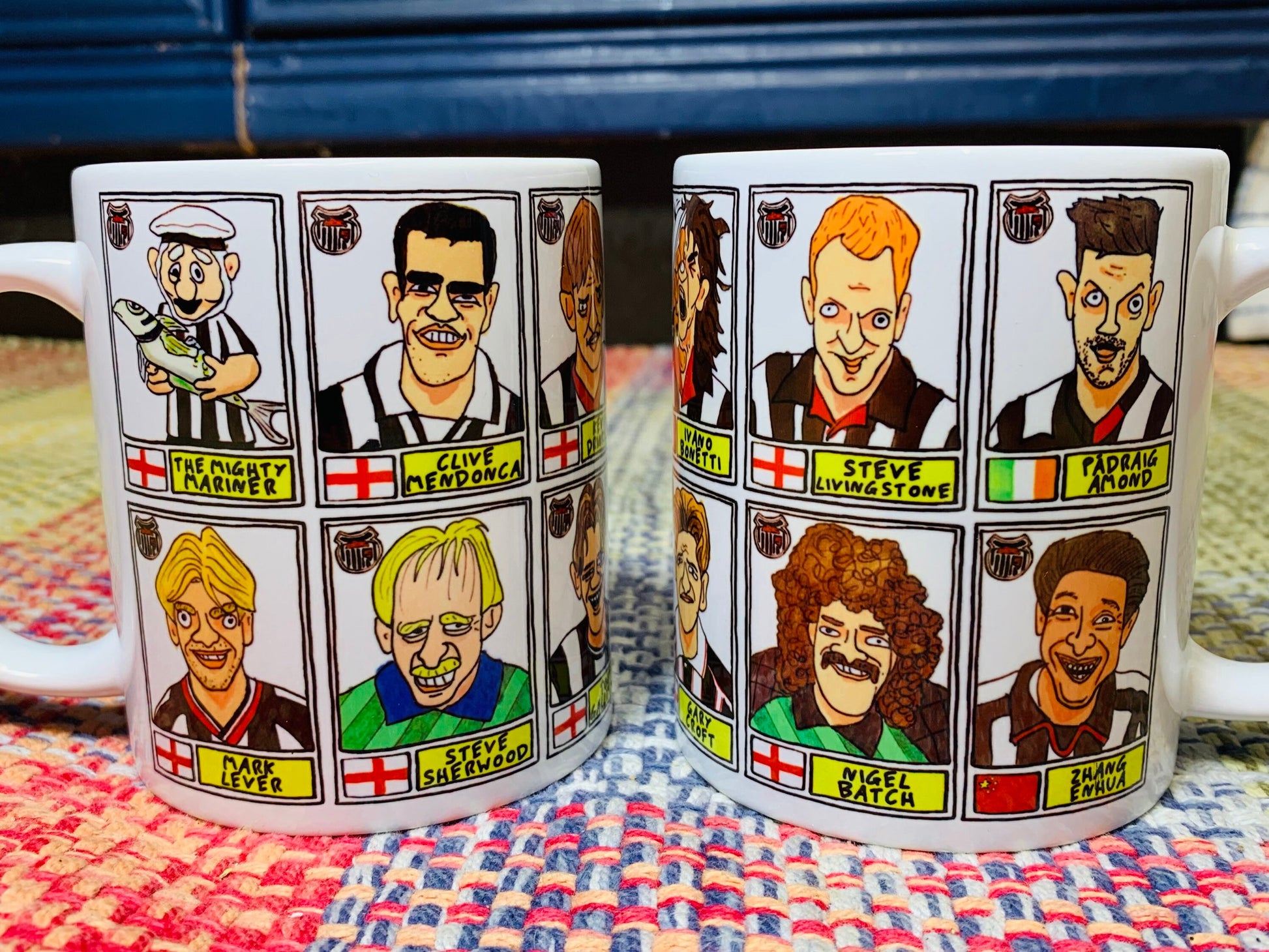 Grimsby Town No Score Draws Mug Set - Set of TWO 11oz Ceramic Mugs with Wonky Panini sticker-style doodles of 24 GTFC Mariners Football Icon