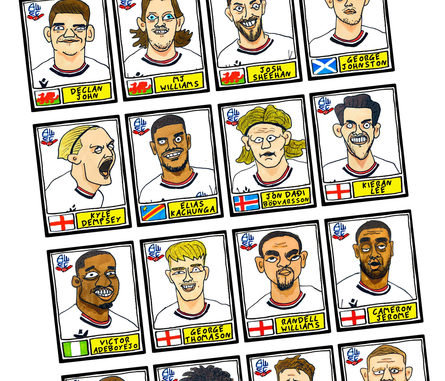 Bolton Wanderers Vol 2 - No Score Draws Wembley Edition - A3 print of 24 Wonky Panini-style Doodles Of BWFC's 2023 EFL Trophy-winning Squad