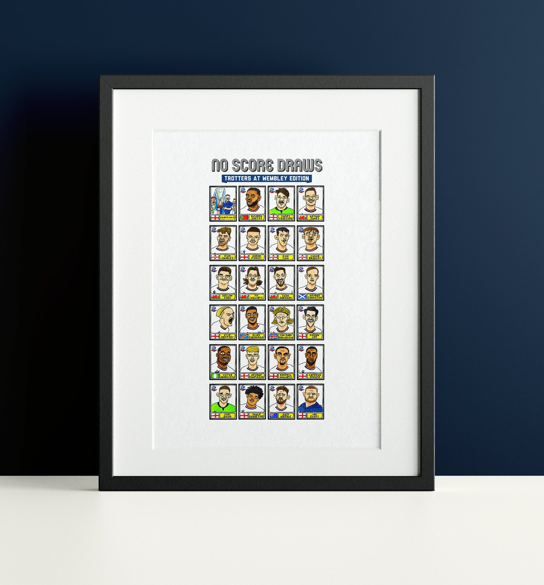 Bolton Wanderers Vol 2 - No Score Draws Wembley Edition - A3 print of 24 Wonky Panini-style Doodles Of BWFC's 2023 EFL Trophy-winning Squad