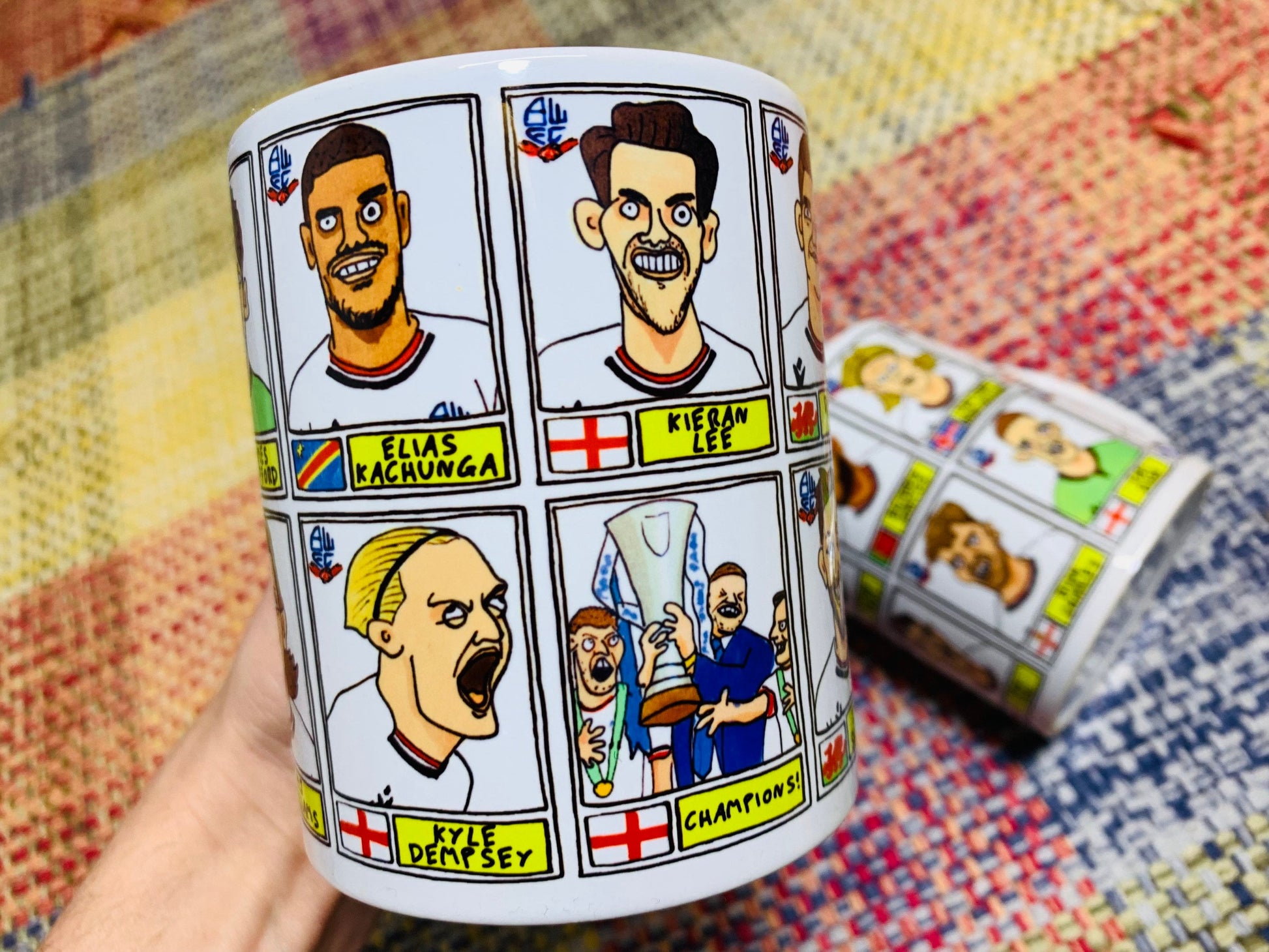 Bolton Wanderers Vol 2 No Score Draws Mug Set - Set of 2 11oz Ceramic Mugs with Wonky Panini-style doodles of BWFC's 2023 EFL Trophy Winners