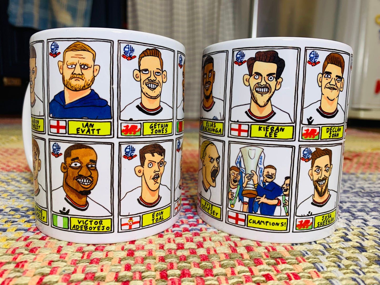 Bolton Wanderers Vol 2 No Score Draws Mug Set - Set of 2 11oz Ceramic Mugs with Wonky Panini-style doodles of BWFC's 2023 EFL Trophy Winners