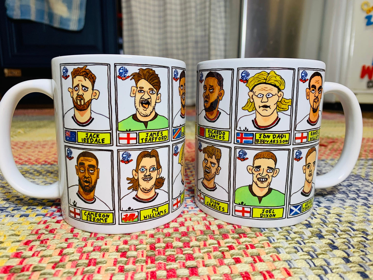 Bolton Wanderers Vol 2 No Score Draws Mug Set - Set of 2 11oz Ceramic Mugs with Wonky Panini-style doodles of BWFC's 2023 EFL Trophy Winners