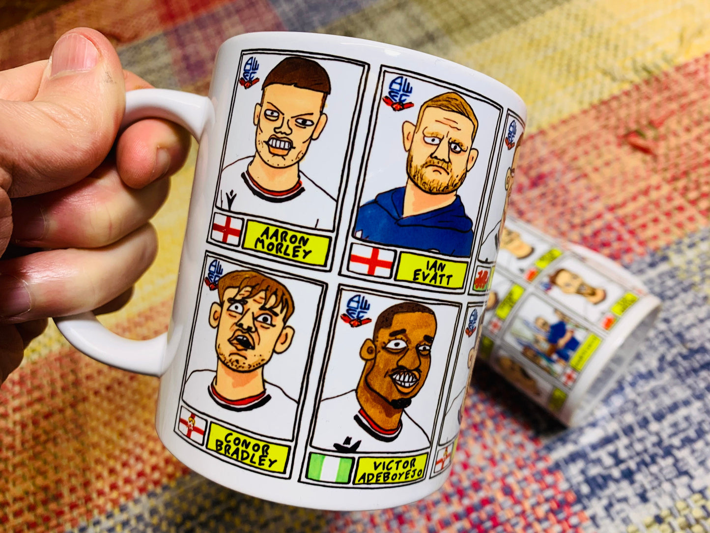 Bolton Wanderers Vol 2 No Score Draws Mug Set - Set of 2 11oz Ceramic Mugs with Wonky Panini-style doodles of BWFC's 2023 EFL Trophy Winners