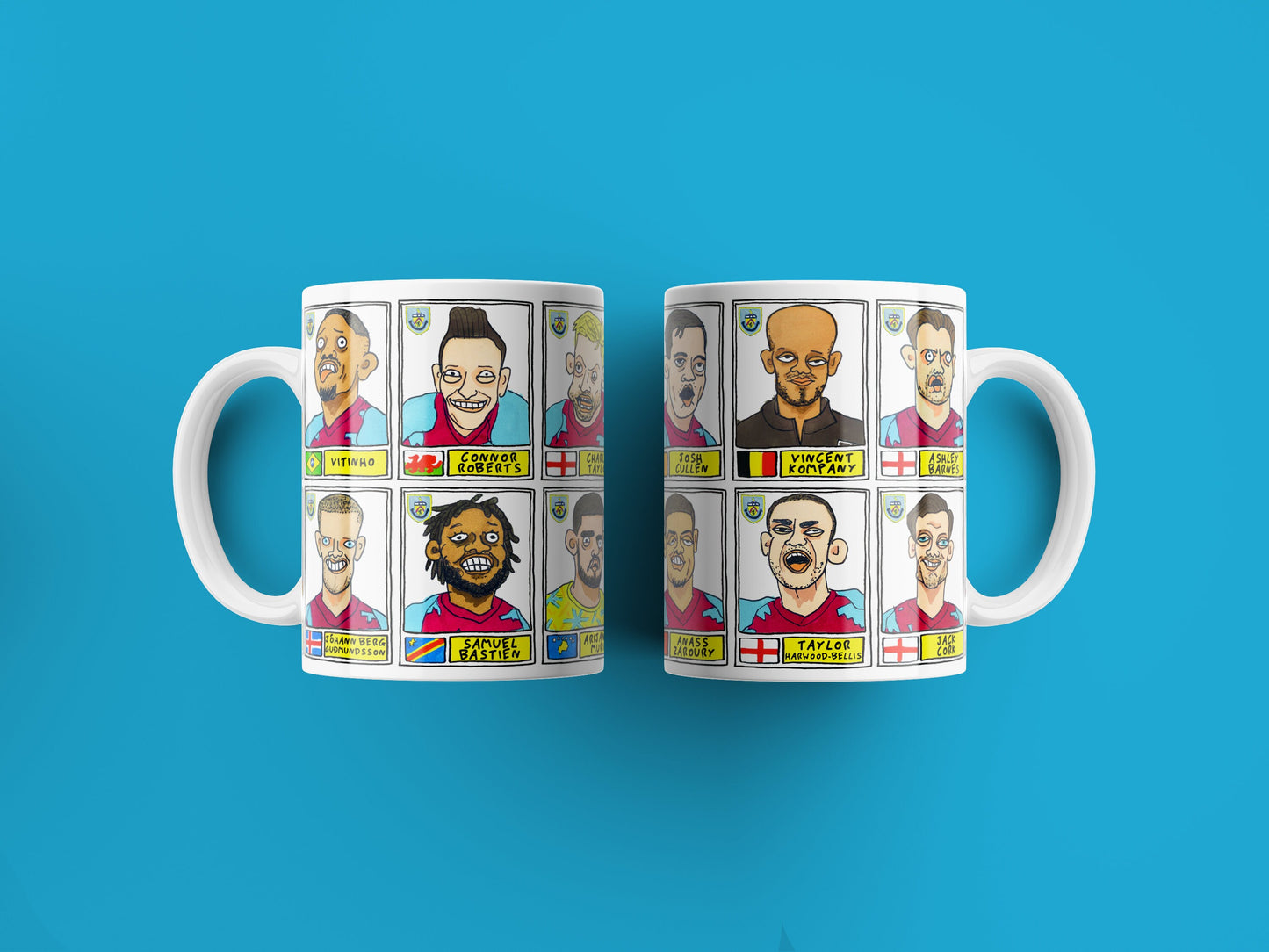 Burnley Vol 2 No Score Draws Mug Set - Set of 2 11oz Ceramic Mugs with Wonky Panini-doodles of Kompany's 22-23 Clarets Promotion Winners