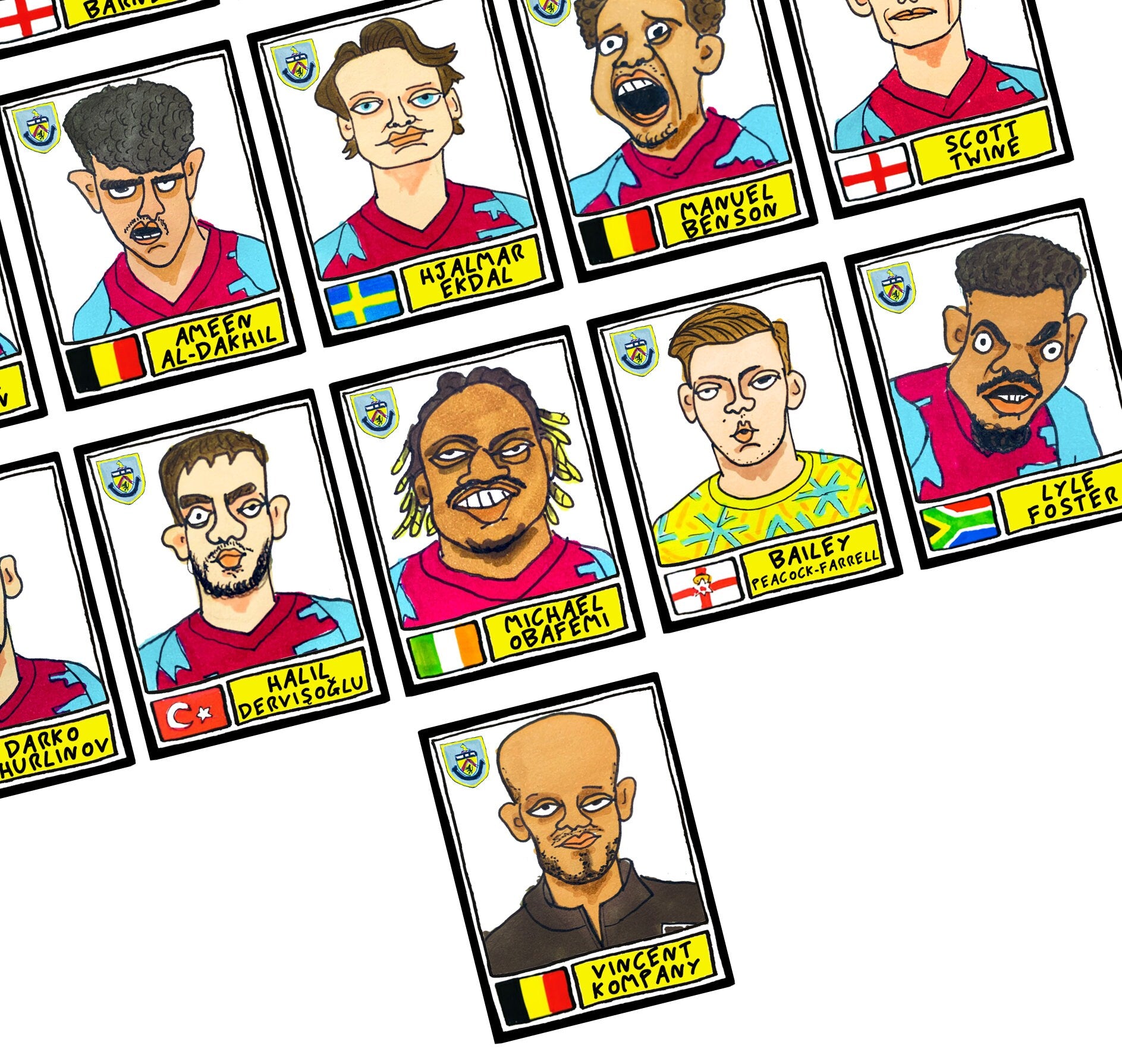 Burnley Vol 2 - No Score Draws Turf Moor Edition - A3 print of 26 Wonky Panini-style Doodles Of Clarets 2022-23 Promotion-Winning Squad