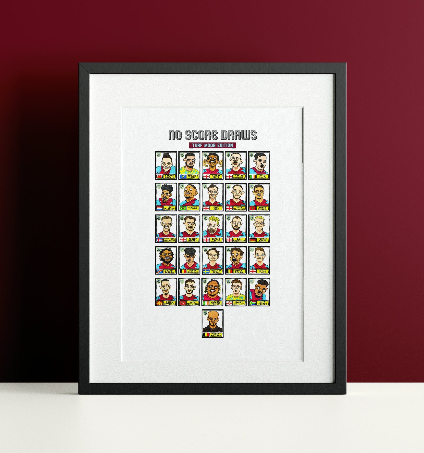 Burnley Vol 2 - No Score Draws Turf Moor Edition - A3 print of 26 Wonky Panini-style Doodles Of Clarets 2022-23 Promotion-Winning Squad