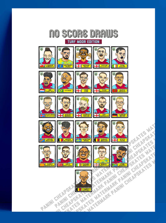 Burnley Vol 2 - No Score Draws Turf Moor Edition - A3 print of 26 Wonky Panini-style Doodles Of Clarets 2022-23 Promotion-Winning Squad