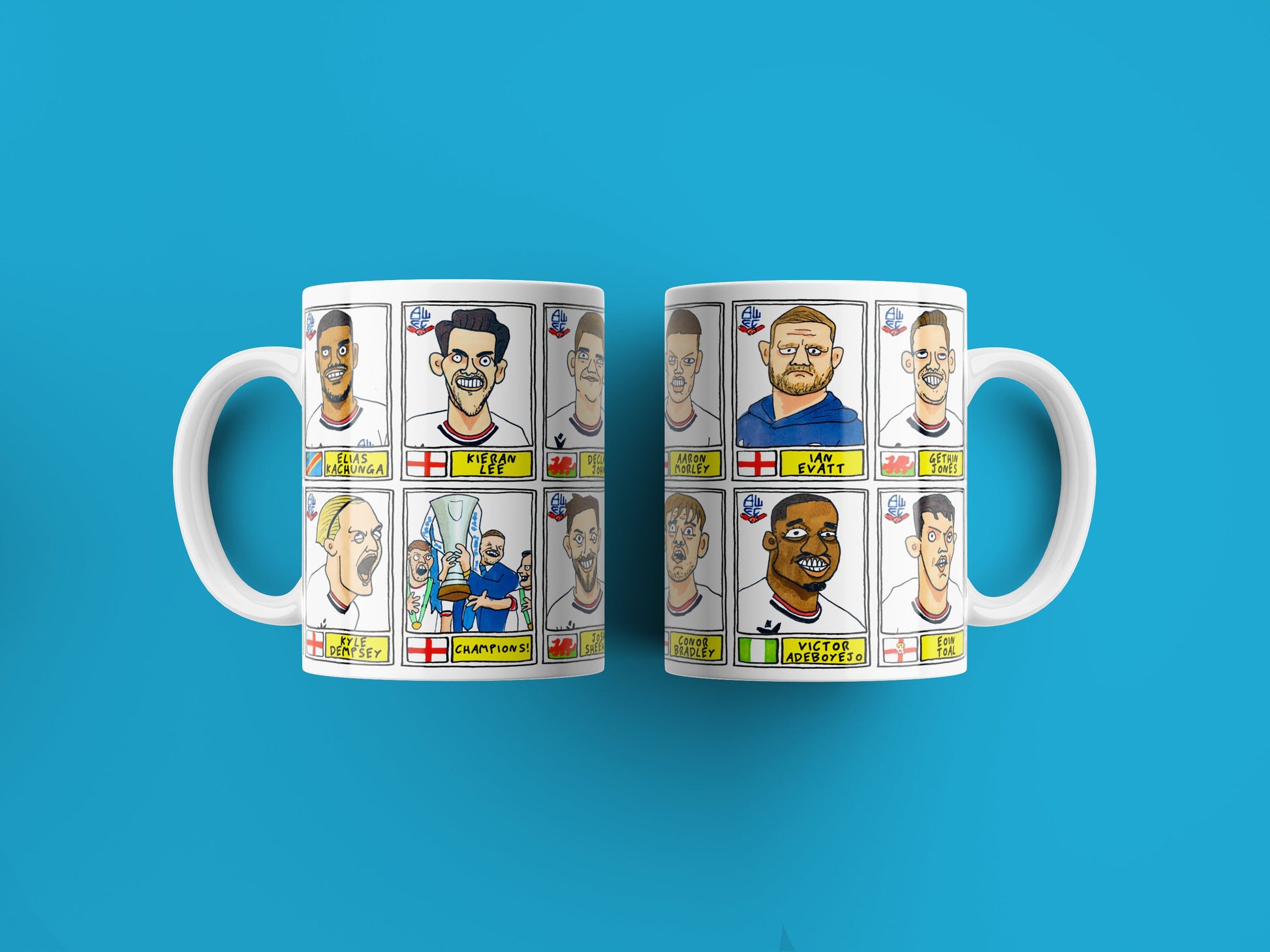 Bolton Wanderers Vol 2 No Score Draws Mug Set - Set of 2 11oz Ceramic Mugs with Wonky Panini-style doodles of BWFC's 2023 EFL Trophy Winners