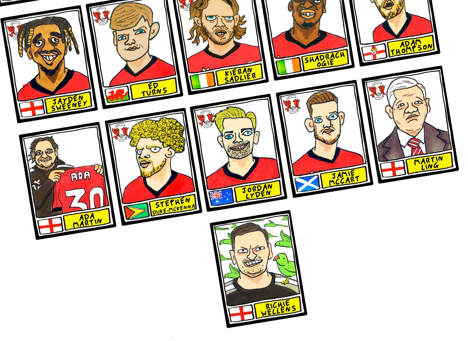 Leyton Orient Vol 2 - No Score Draws O's Going Up Edition - A3 print of 26 hand-drawn Panini-style Doodles of LOFC's 22/23 Promotion Winners