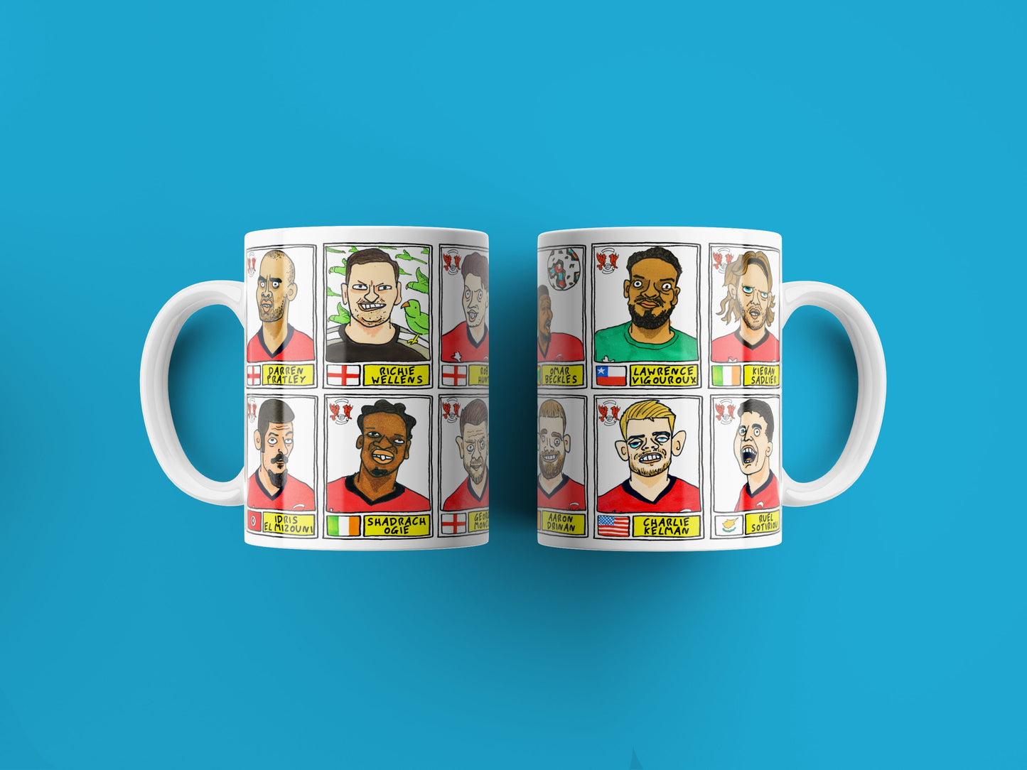 Leyton Orient Vol 2 No Score Draws Mug Set - Set of TWO 11oz Ceramic Mugs with Wonky Panini-style Doodles of LOFC's 22/23 Promotion Winners