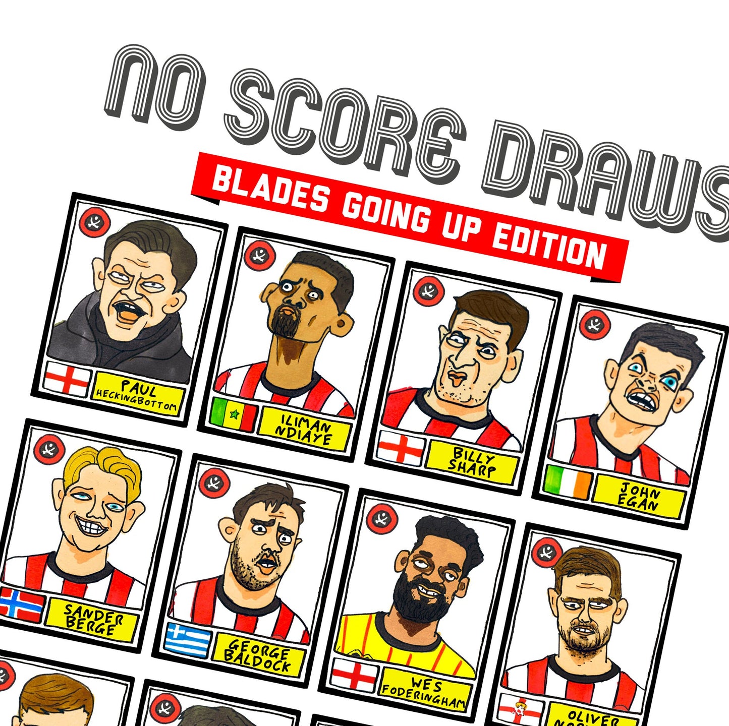 Sheffield United Vol 2 - No Score Draws Blades Going Up Edition - A3 print of 24 hand-drawn Panini Doodles of SUFC 22/23 Promotion Winners