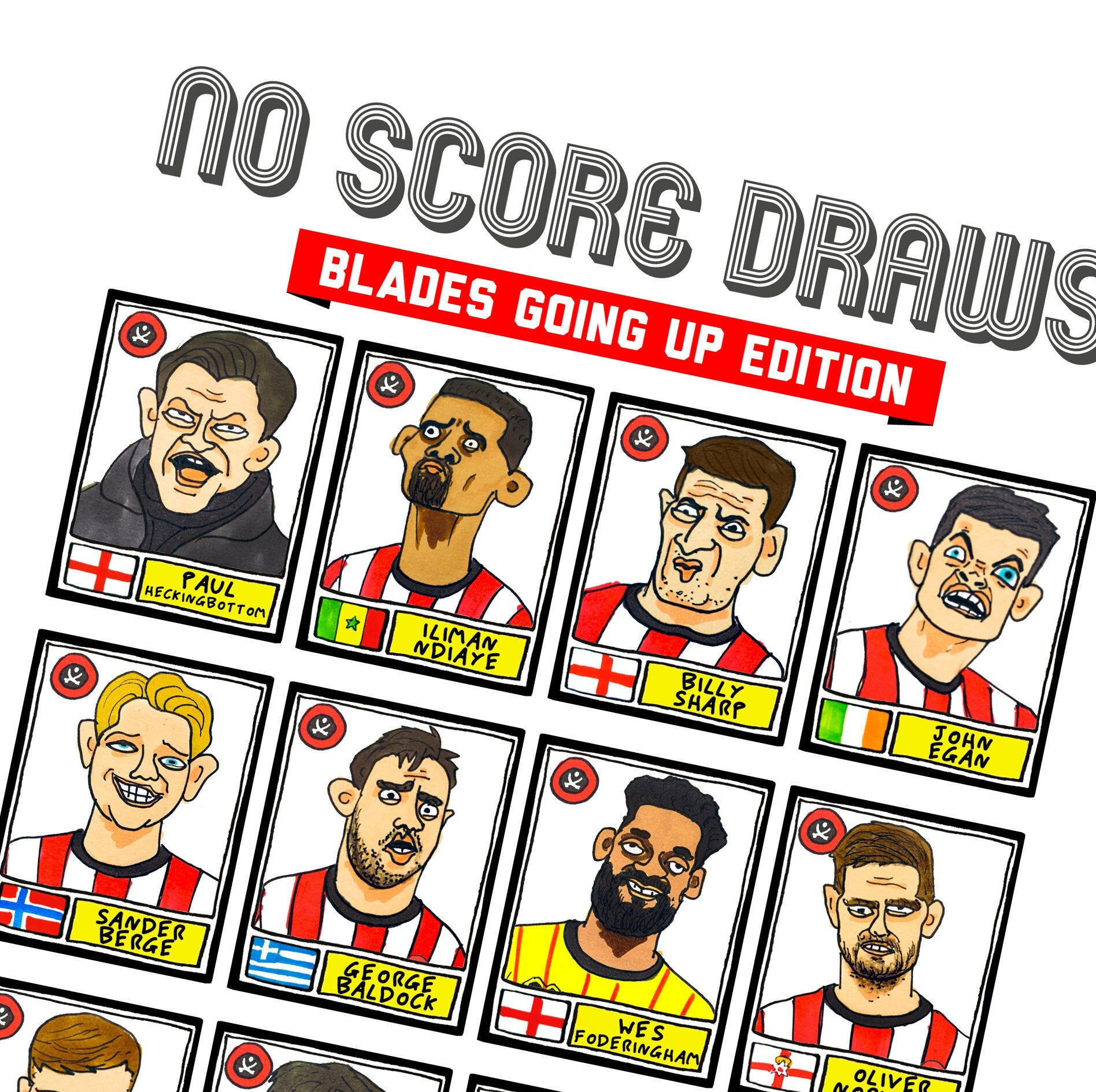 Sheffield United Vol 2 - No Score Draws Blades Going Up Edition - A3 print of 24 hand-drawn Panini Doodles of SUFC 22/23 Promotion Winners