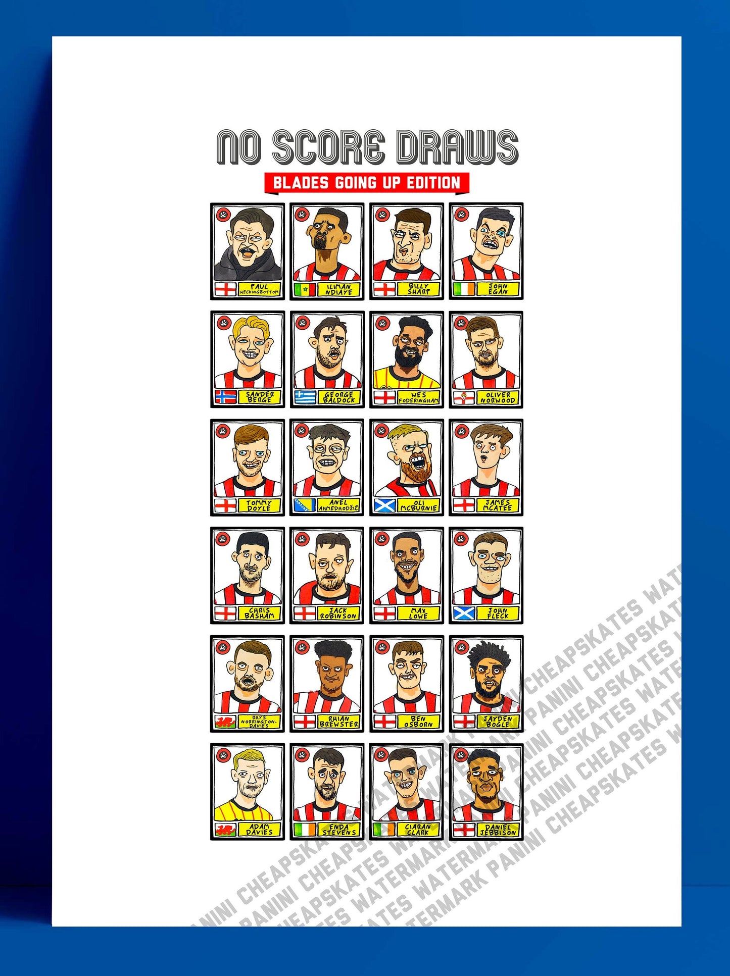 Sheffield United Vol 2 - No Score Draws Blades Going Up Edition - A3 print of 24 hand-drawn Panini Doodles of SUFC 22/23 Promotion Winners